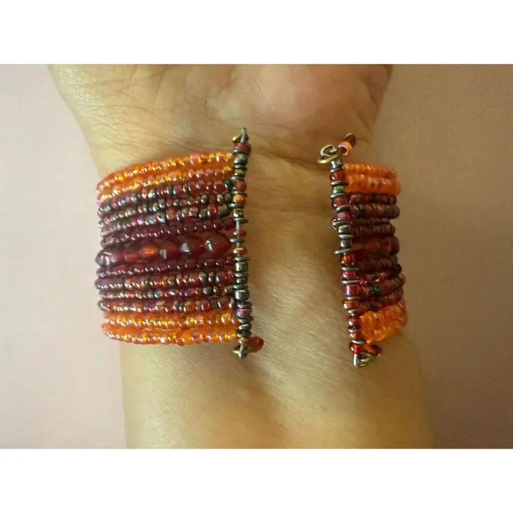 Multi-strand glass beaded wrap bracelet red orange